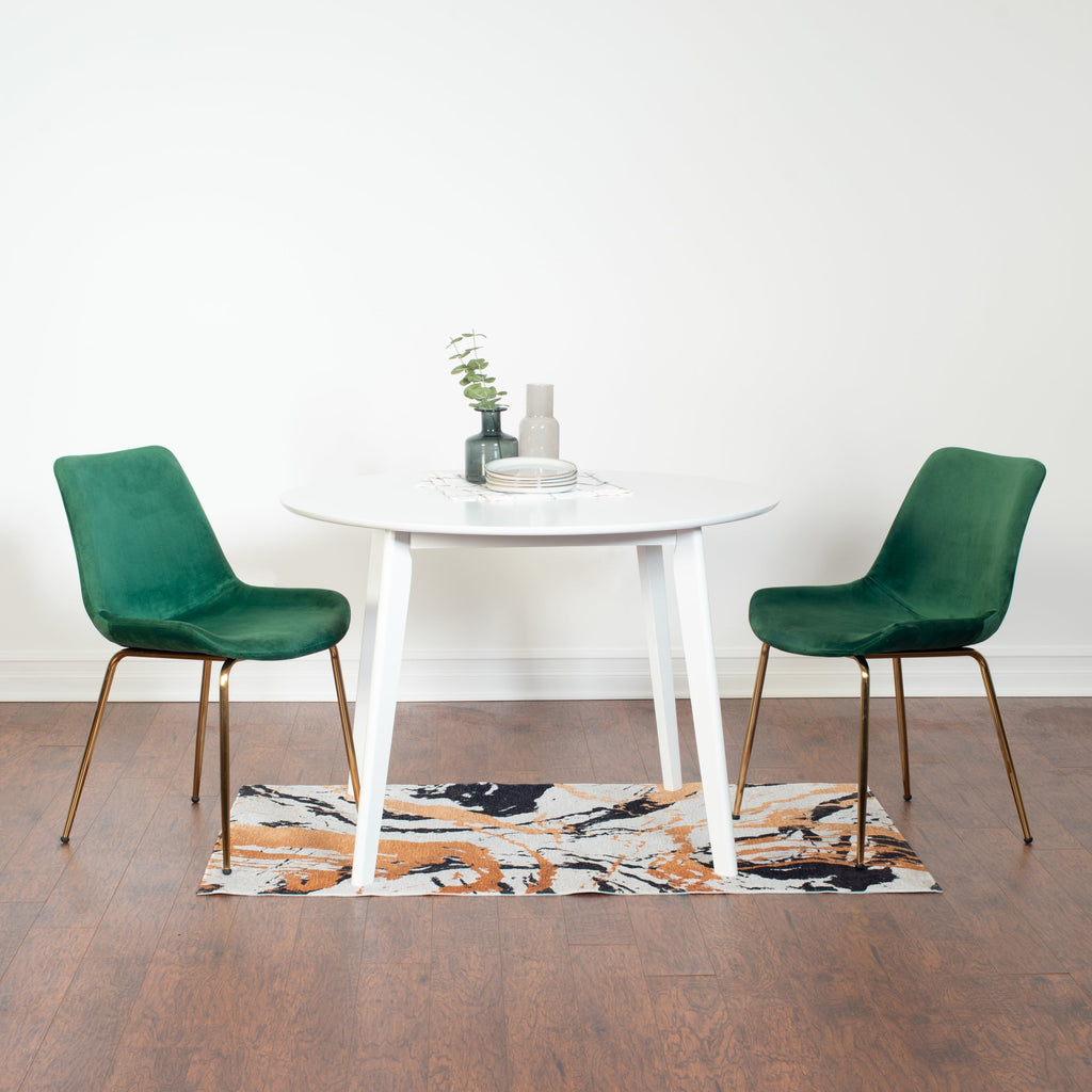 Contemporary White Round Dining Table with Two Gold-Accent Chairs — 3-piece set, full view