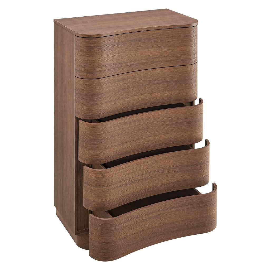 Mirae Curved Five-Drawer Tall Dresser in Brushed Brown Oak
