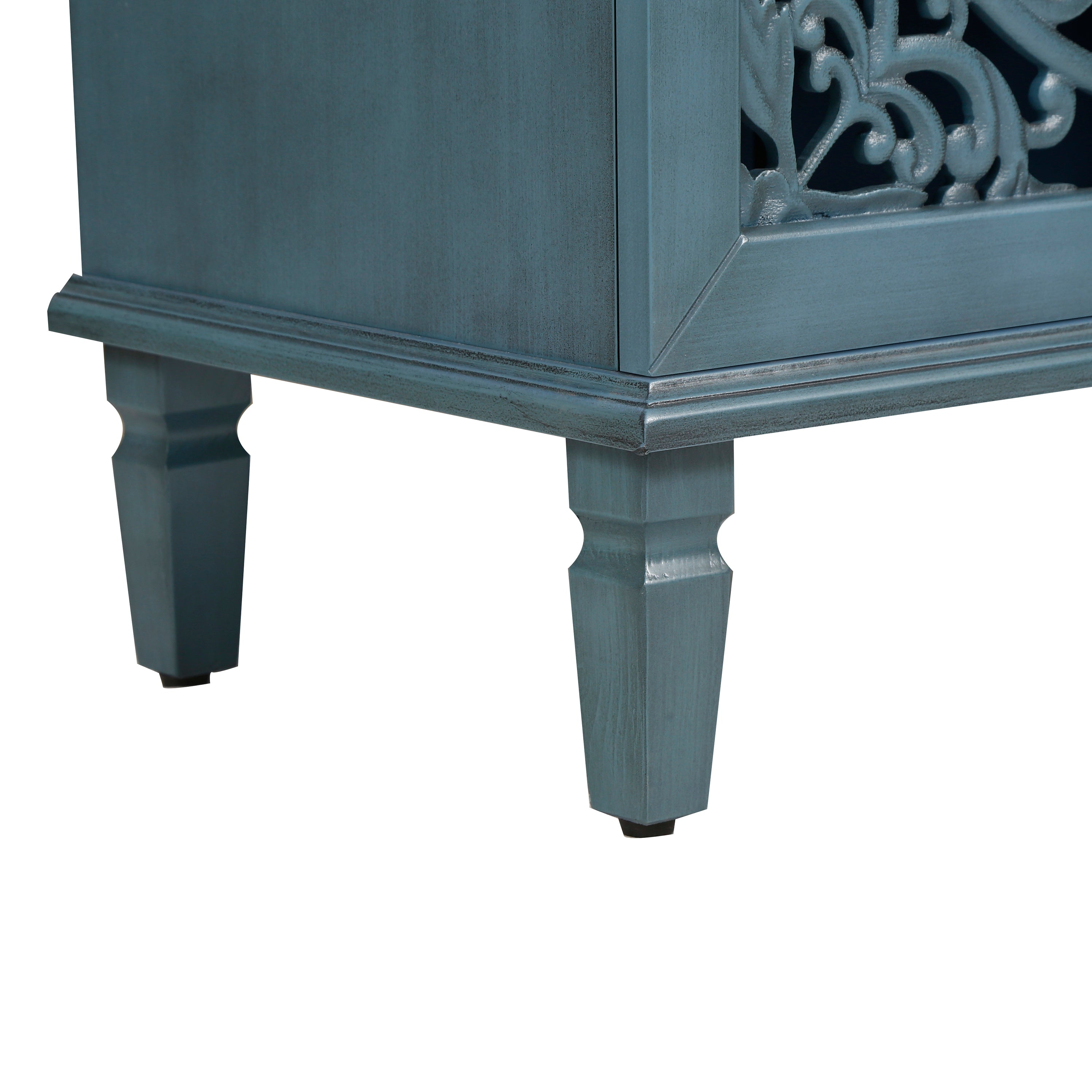60 Inch Antique Blue Glazed Buffet Cabinet with Floral Openwork
