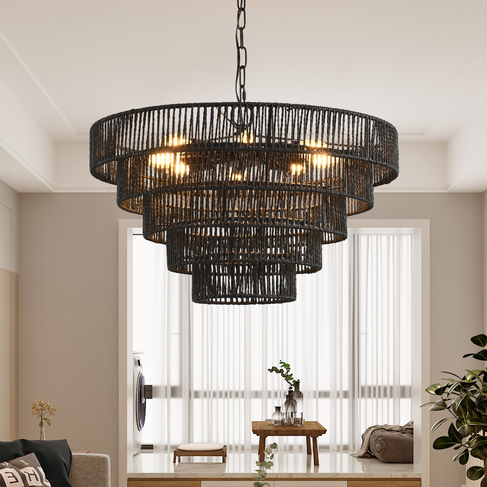 Rustic Five-Tier Hemp Rope Pendant Light Chandelier, 24 Inch