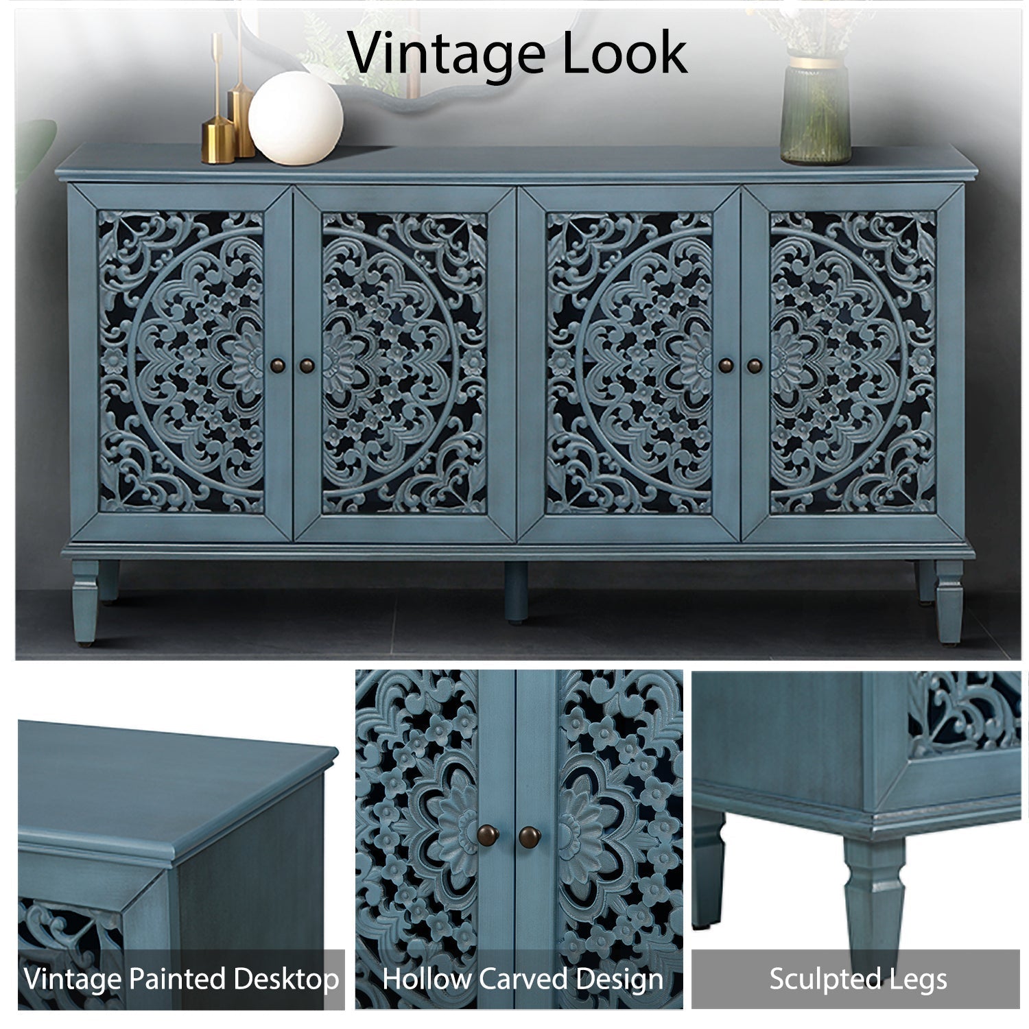 60 Inch Antique Blue Glazed Buffet Cabinet with Floral Openwork