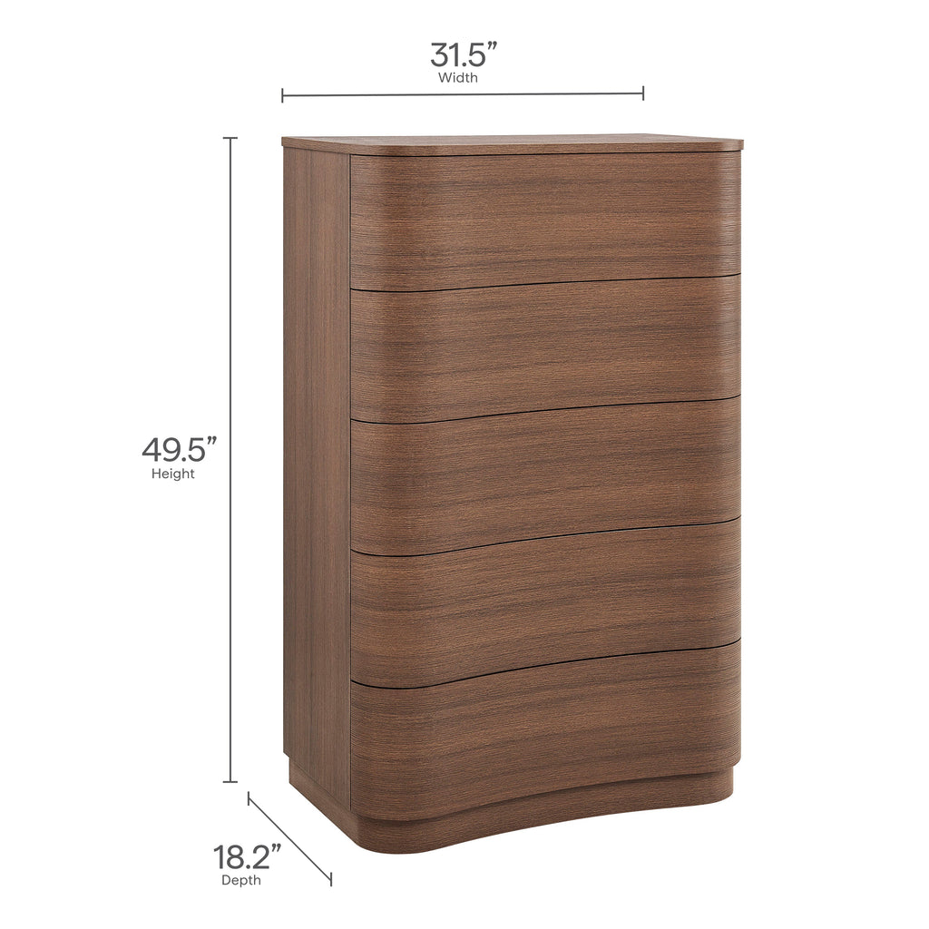 Mirae Curved Five-Drawer Tall Dresser in Brushed Brown Oak