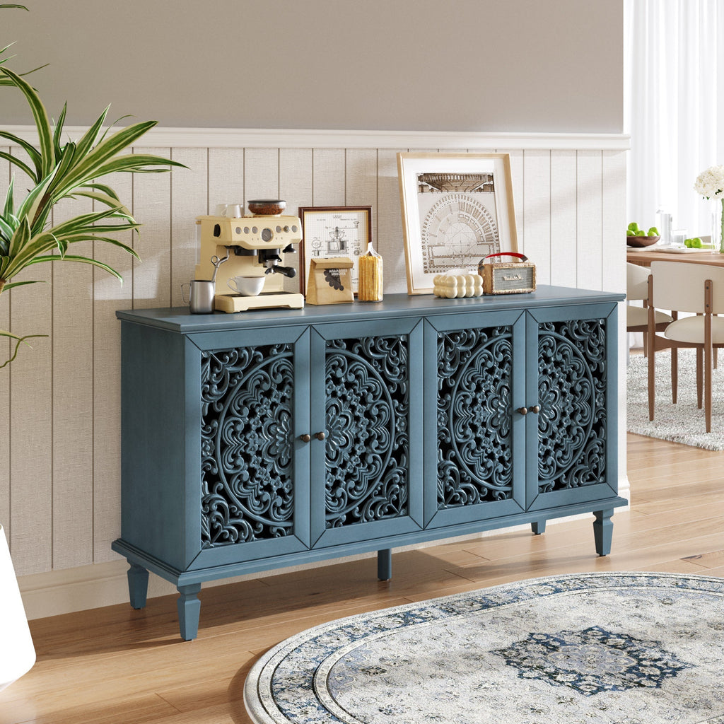 60 Inch Antique Blue Glazed Buffet Cabinet with Floral Openwork