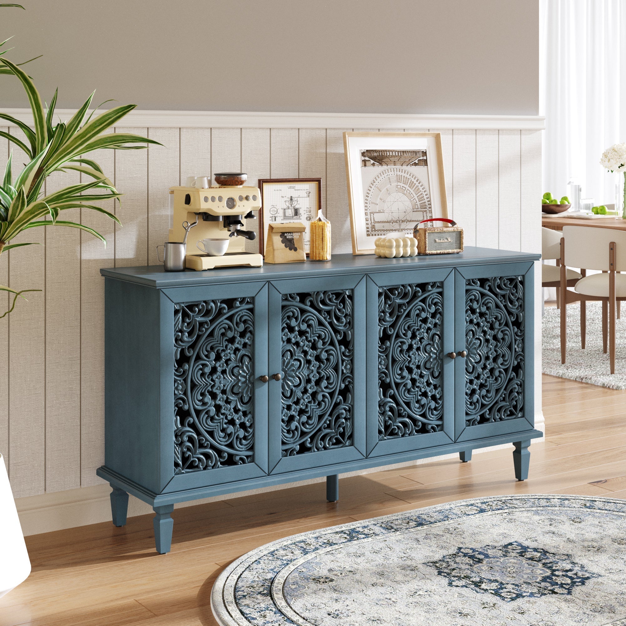 60 Inch Antique Blue Glazed Buffet Cabinet with Floral Openwork