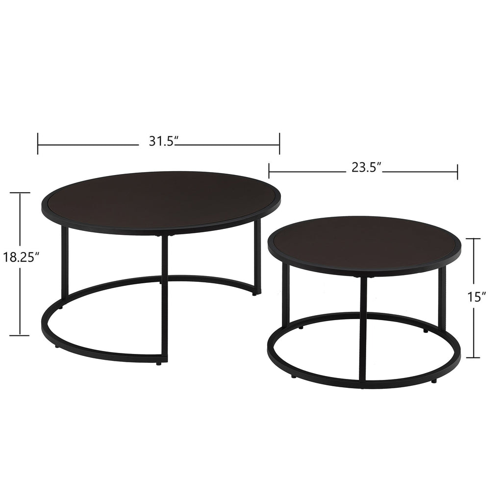 Dark Brown Faux Leather Nesting Round Coffee Table Set, Two Piece