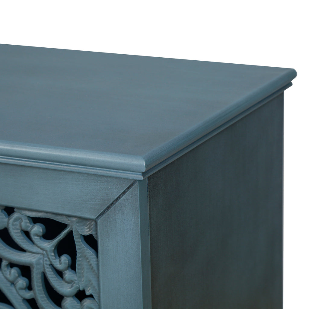 60 Inch Antique Blue Glazed Buffet Cabinet with Floral Openwork