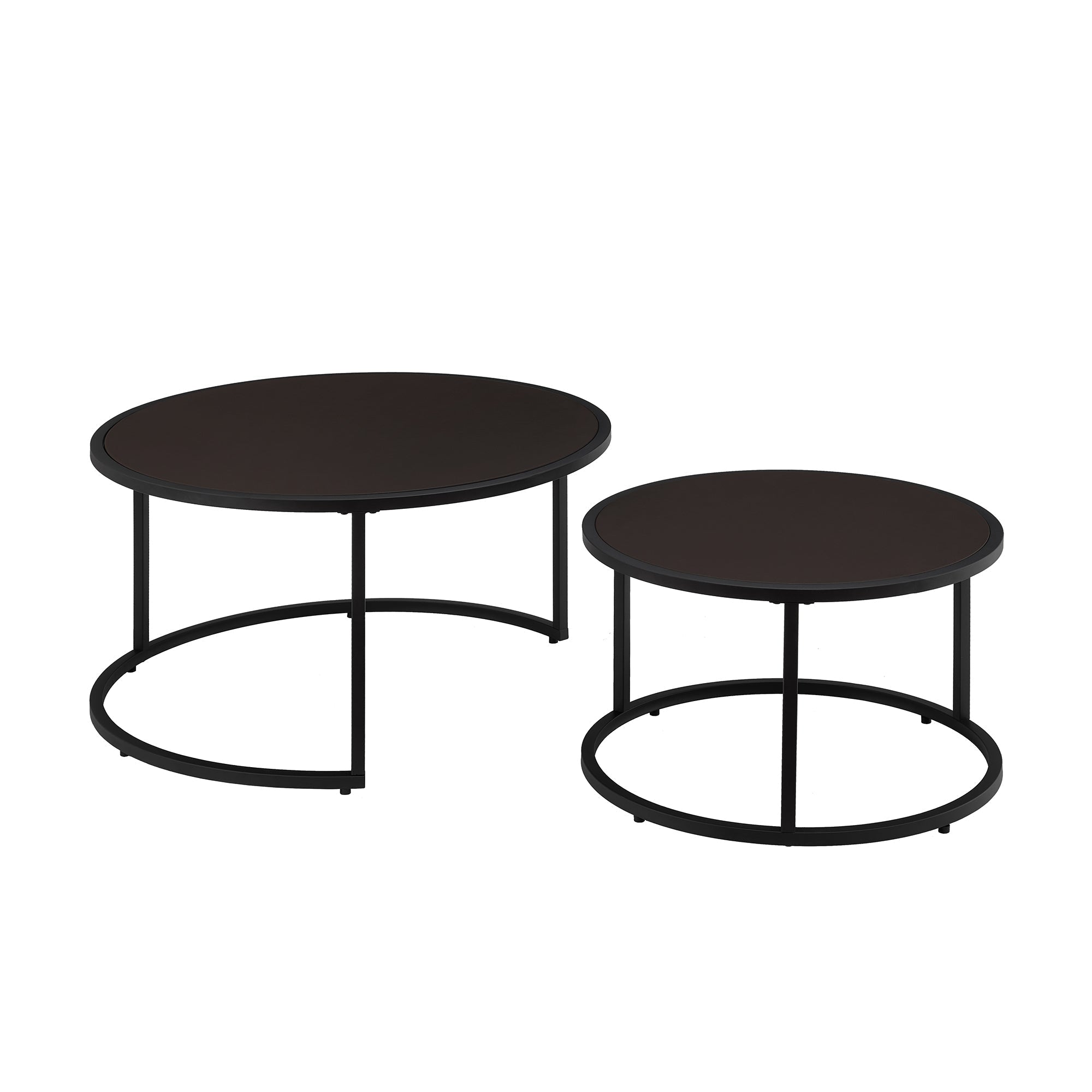 Dark Brown Faux Leather Nesting Round Coffee Table Set, Two Piece