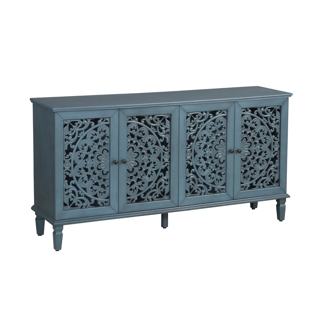 60 Inch Antique Blue Glazed Buffet Cabinet with Floral Openwork