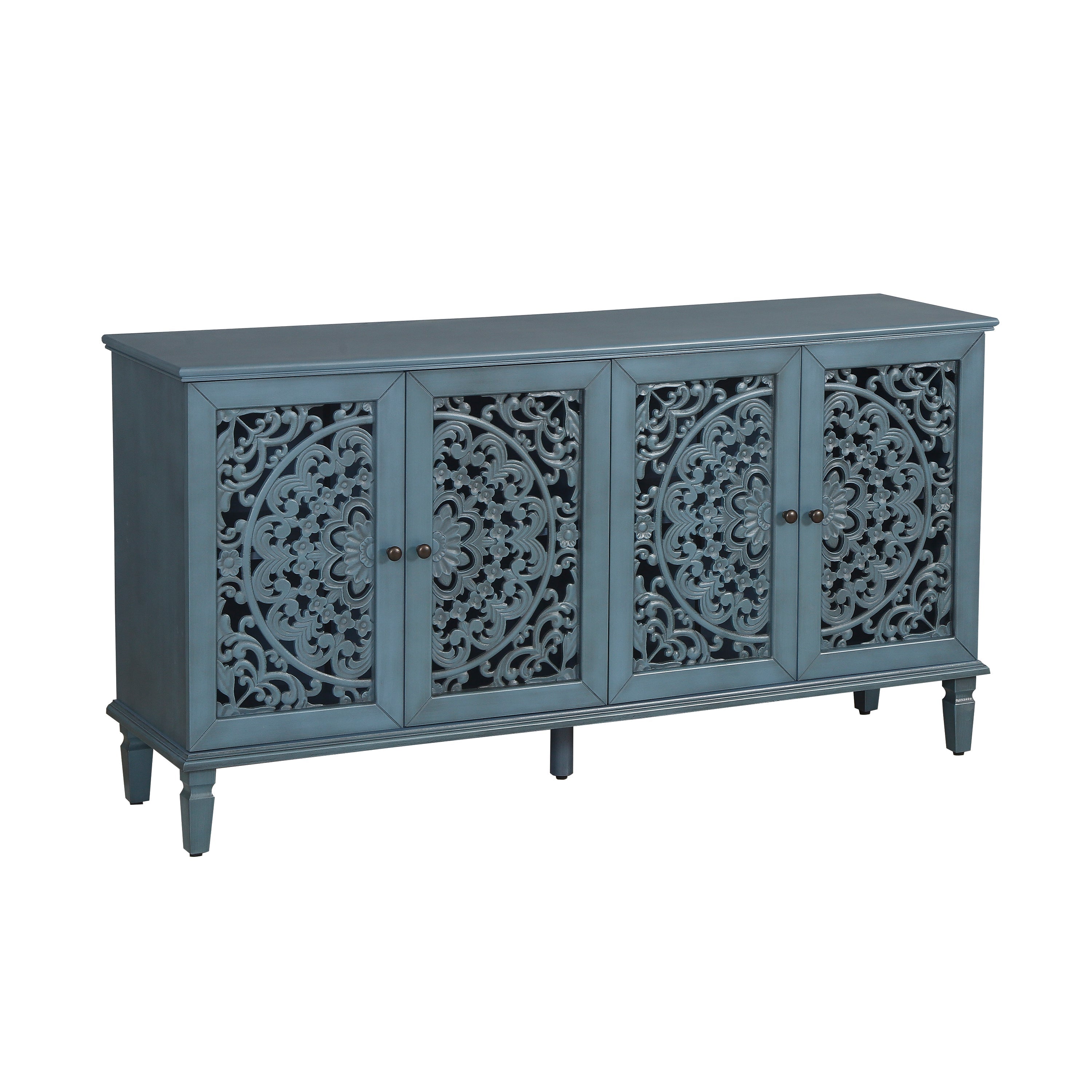 60 Inch Antique Blue Glazed Buffet Cabinet with Floral Openwork