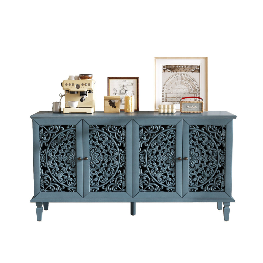 60 Inch Antique Blue Glazed Buffet Cabinet with Floral Openwork