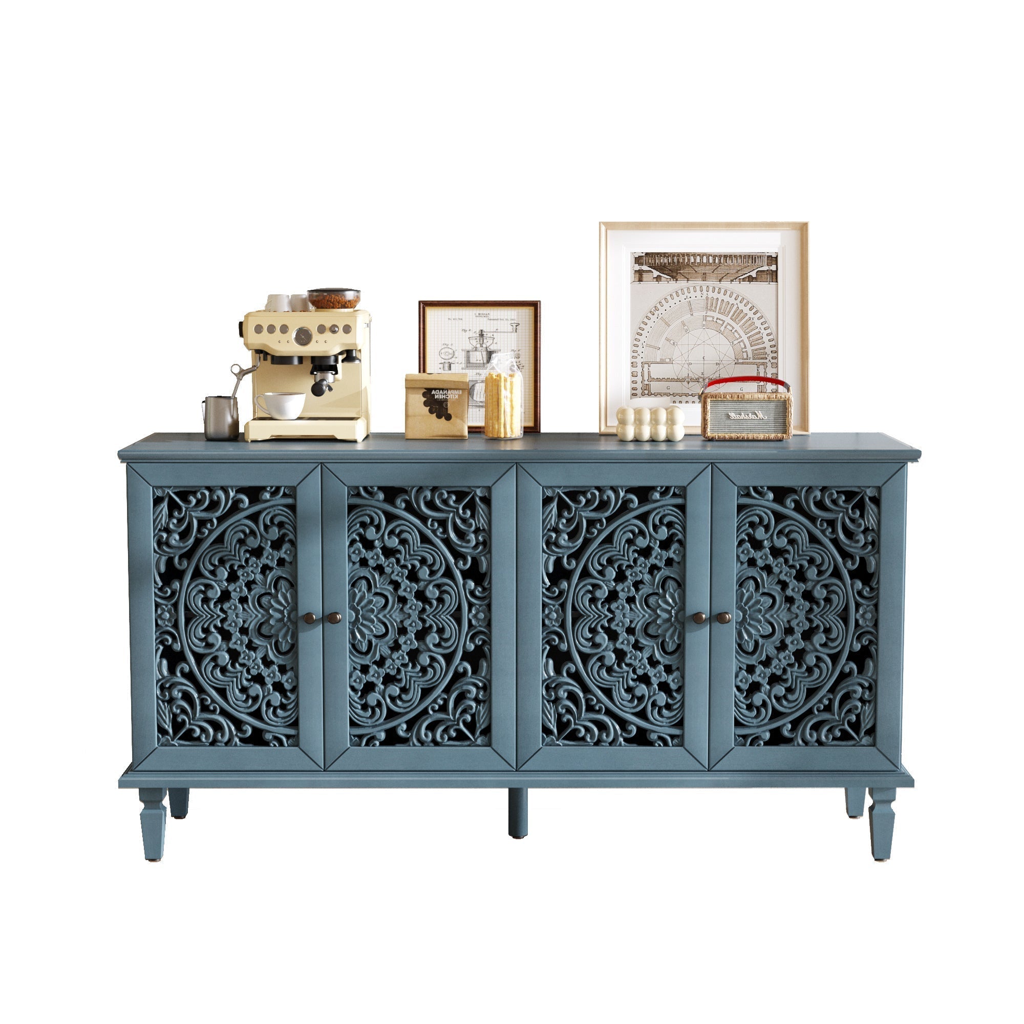 60 Inch Antique Blue Glazed Buffet Cabinet with Floral Openwork