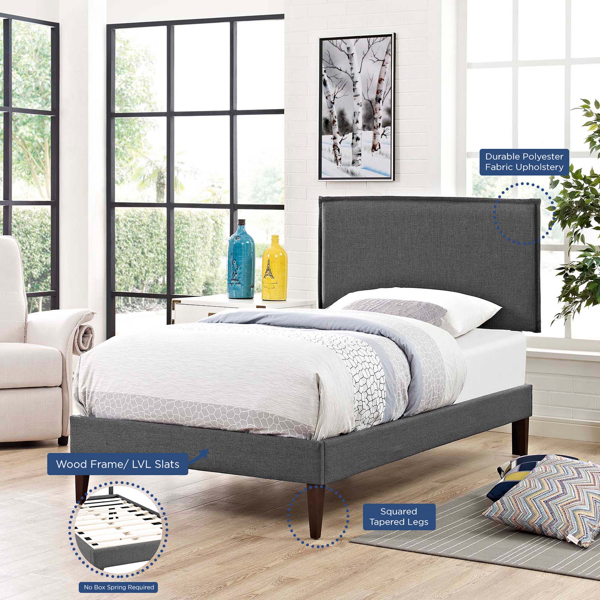 Amaris Upholstered Twin Platform Bed with Tapered Wood Legs
