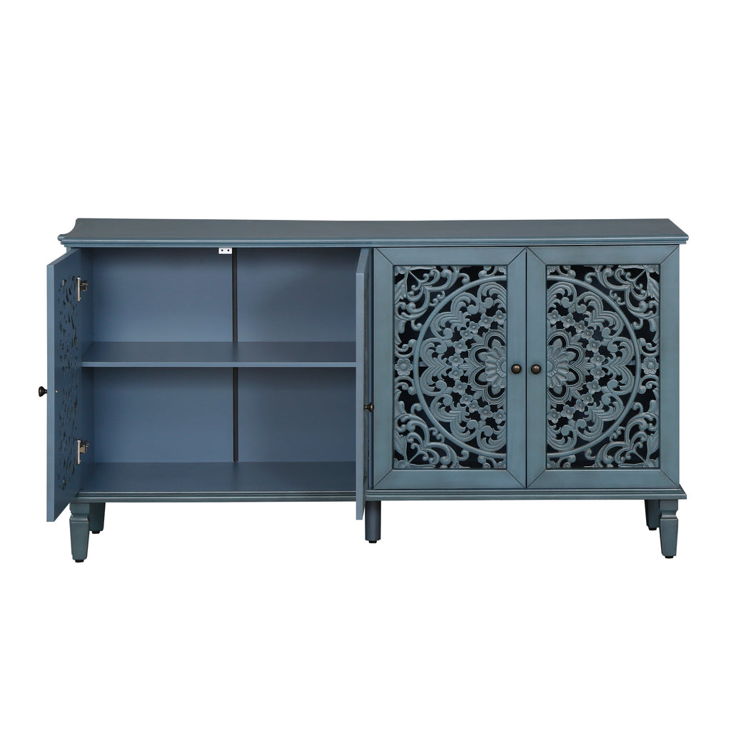 60 Inch Antique Blue Glazed Buffet Cabinet with Floral Openwork