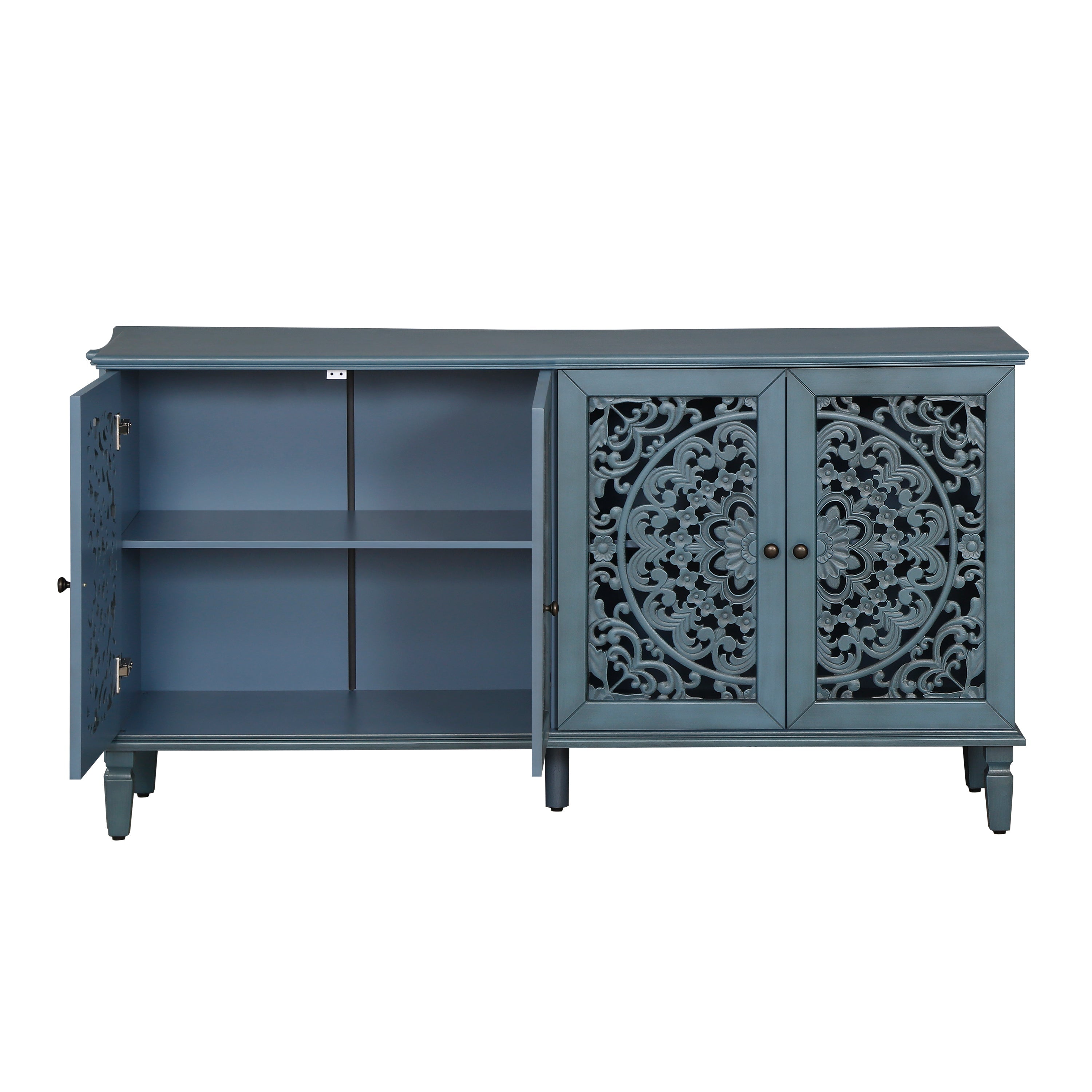 60 Inch Antique Blue Glazed Buffet Cabinet with Floral Openwork