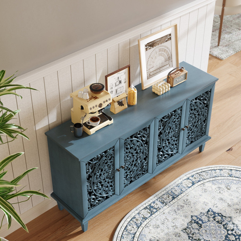 60 Inch Antique Blue Glazed Buffet Cabinet with Floral Openwork