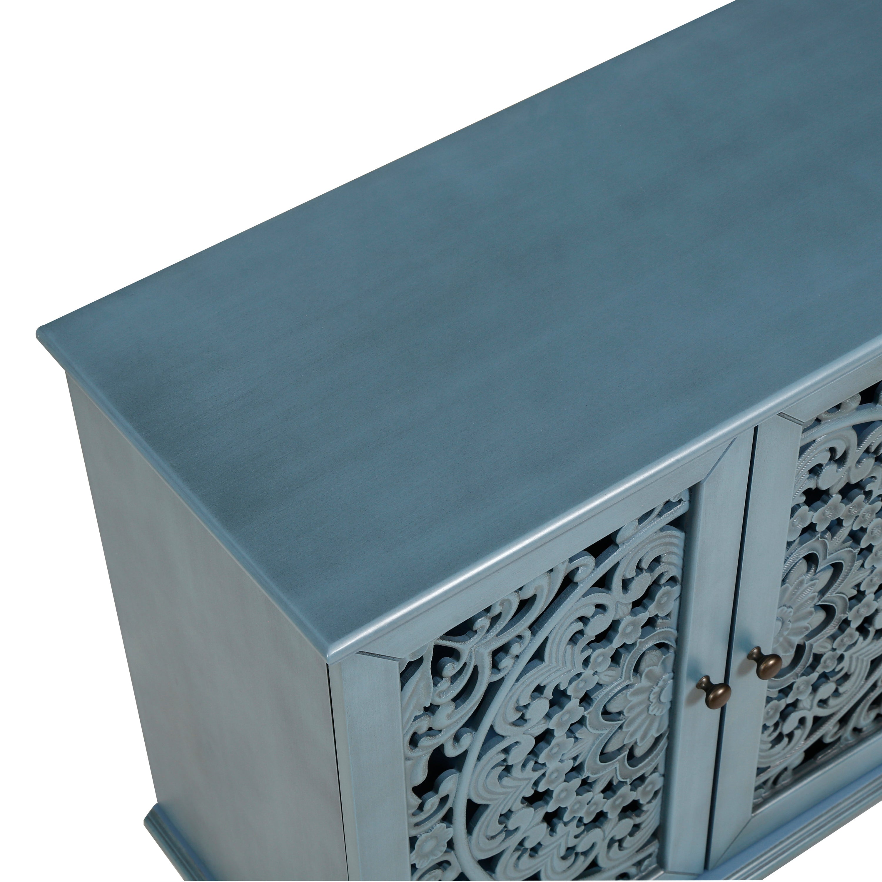 60 Inch Antique Blue Glazed Buffet Cabinet with Floral Openwork
