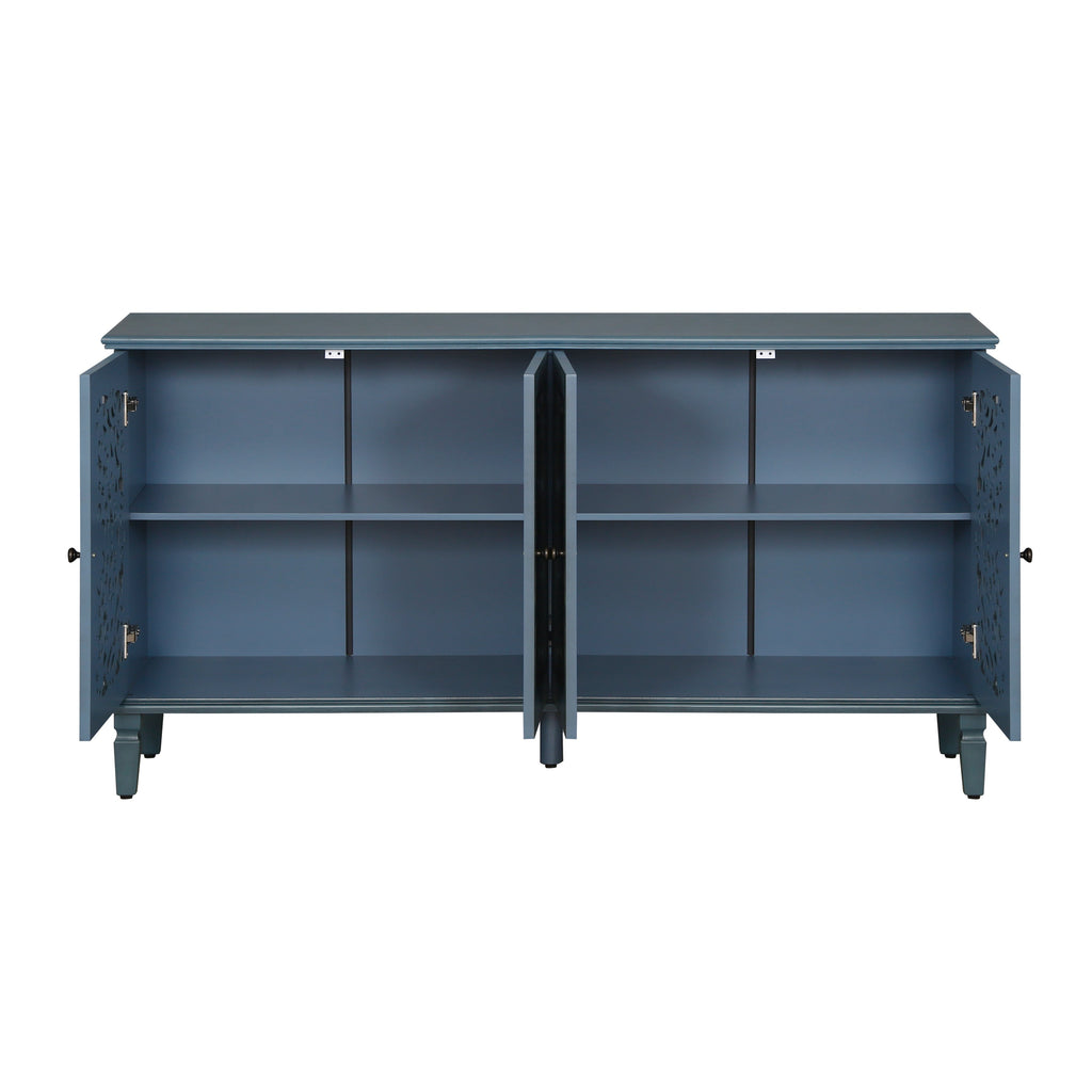 60 Inch Antique Blue Glazed Buffet Cabinet with Floral Openwork