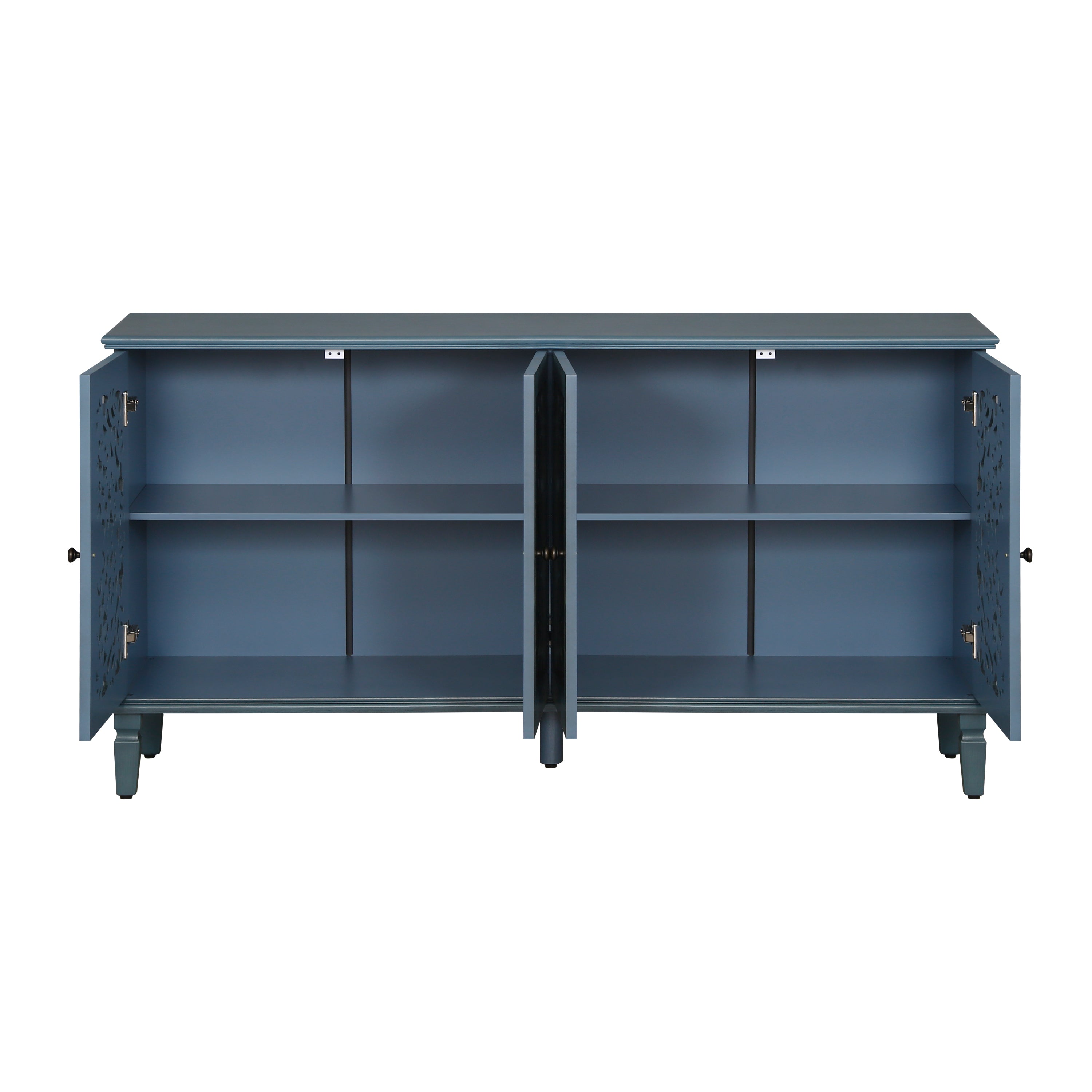 60 Inch Antique Blue Glazed Buffet Cabinet with Floral Openwork