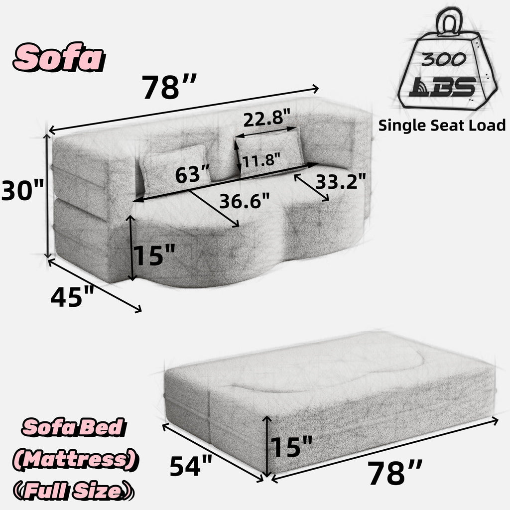Foam-Filled Convertible Sleeper Sofa Bed with Two Pillows, Full Size