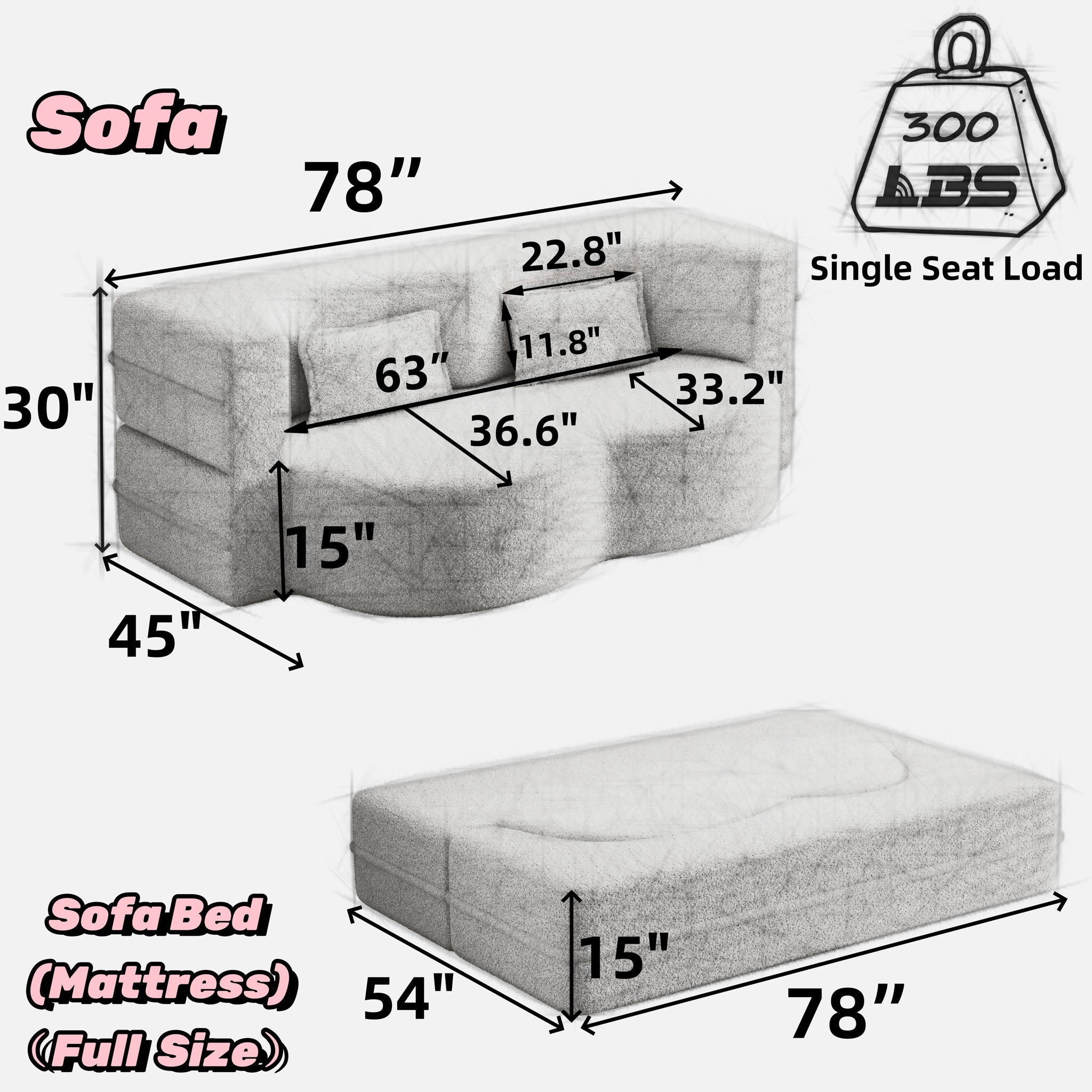 Foam-Filled Convertible Sleeper Sofa Bed with Two Pillows, Full Size