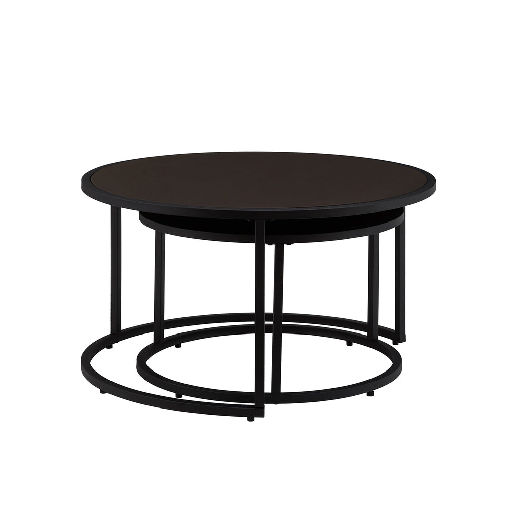 Dark Brown Faux Leather Nesting Round Coffee Table Set, Two Piece
