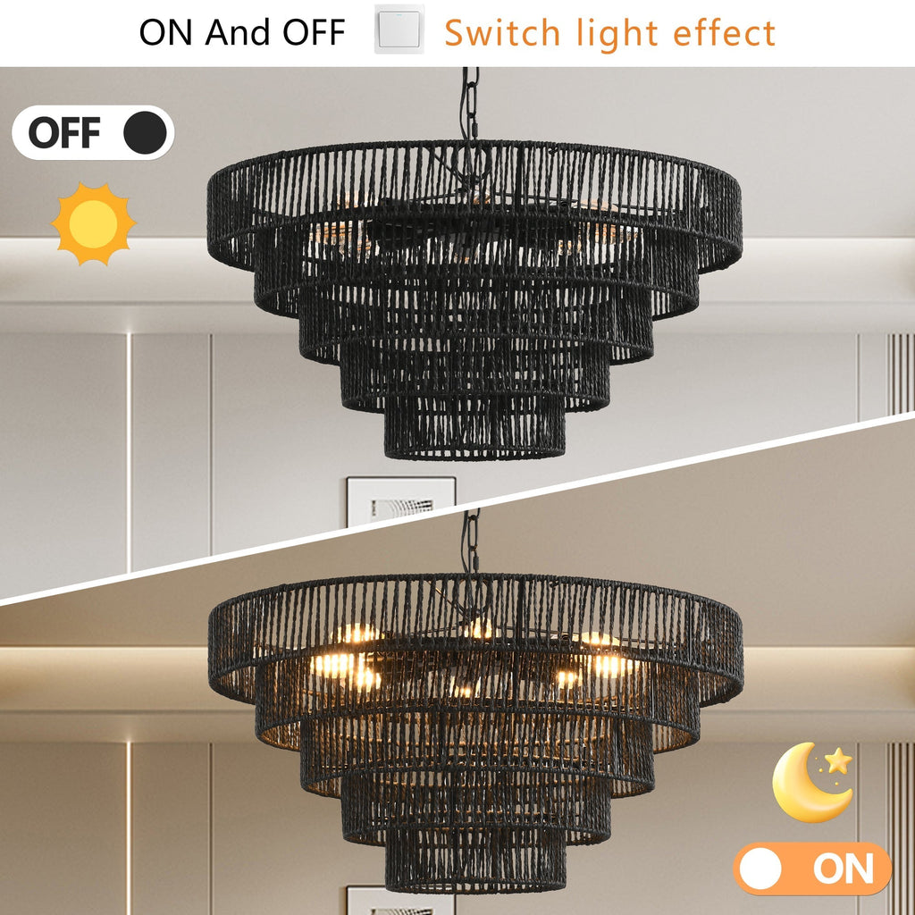 Rustic Five-Tier Hemp Rope Pendant Light Chandelier, 24 Inch
