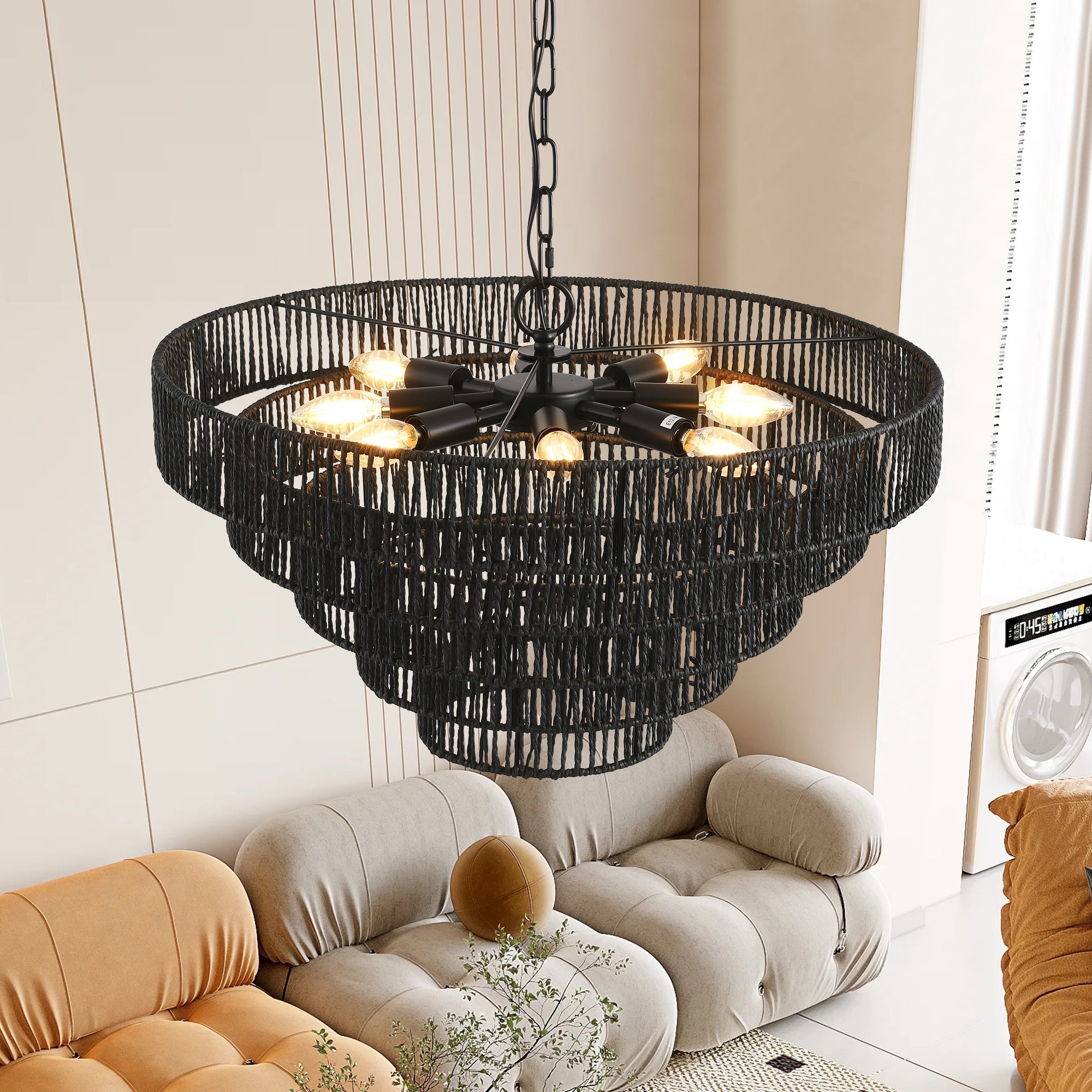 Rustic Five-Tier Hemp Rope Pendant Light Chandelier, 24 Inch