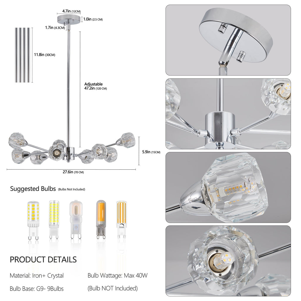 Nine-Light Globe Diamond Crystal Chandelier with Chrome Finish