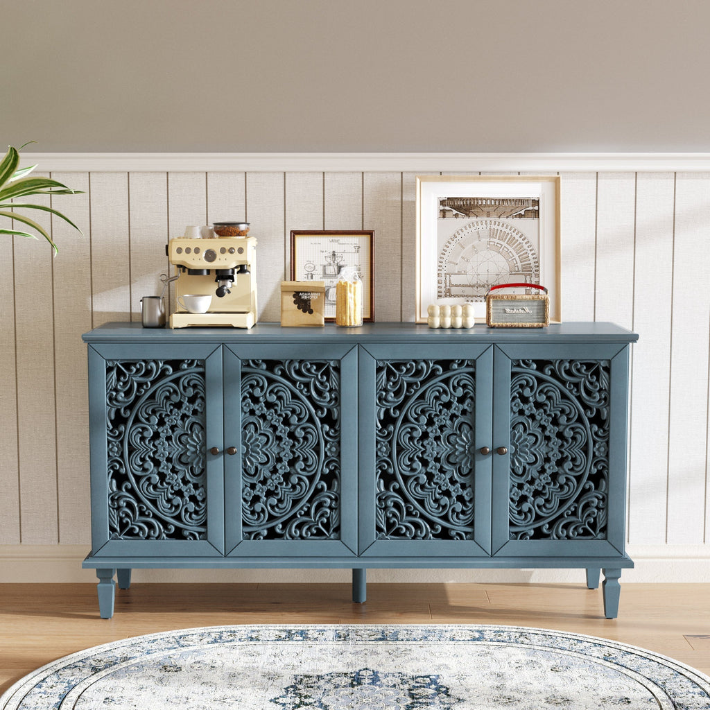 60 Inch Antique Blue Glazed Buffet Cabinet with Floral Openwork