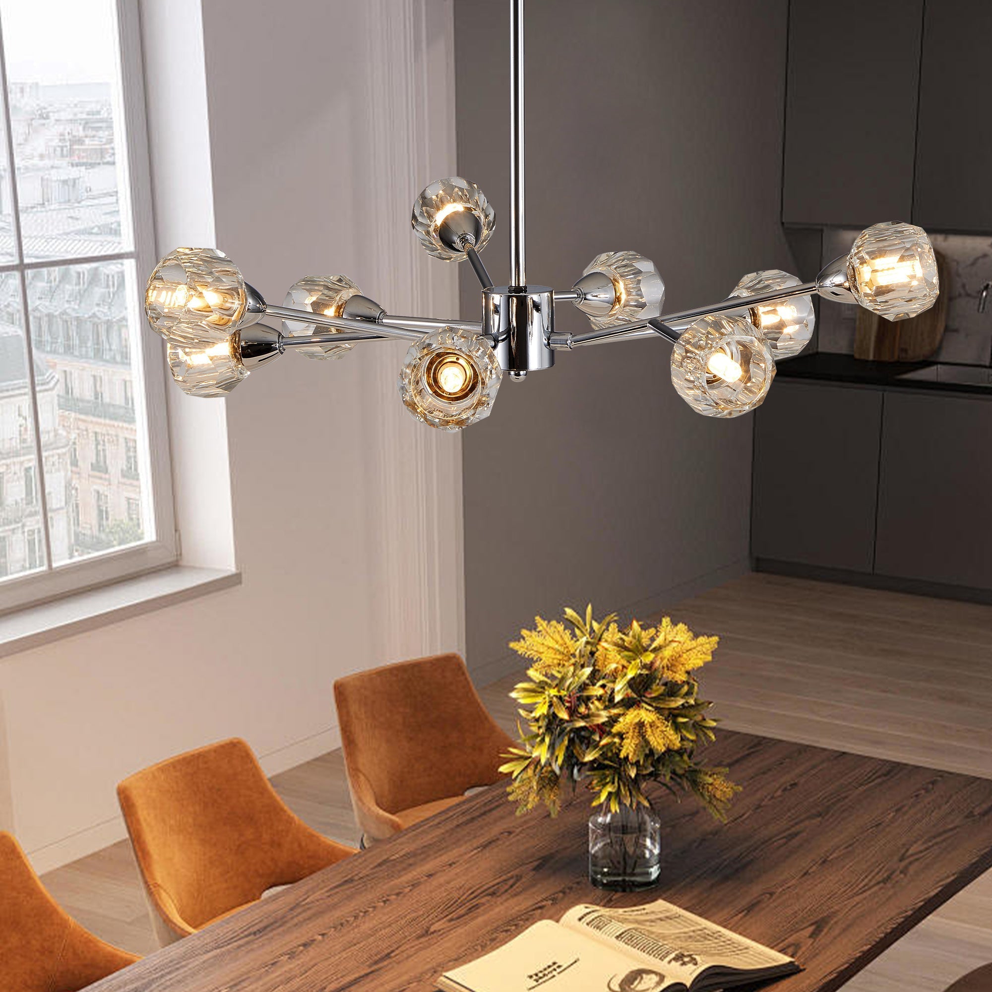 Nine-Light Globe Diamond Crystal Chandelier with Chrome Finish