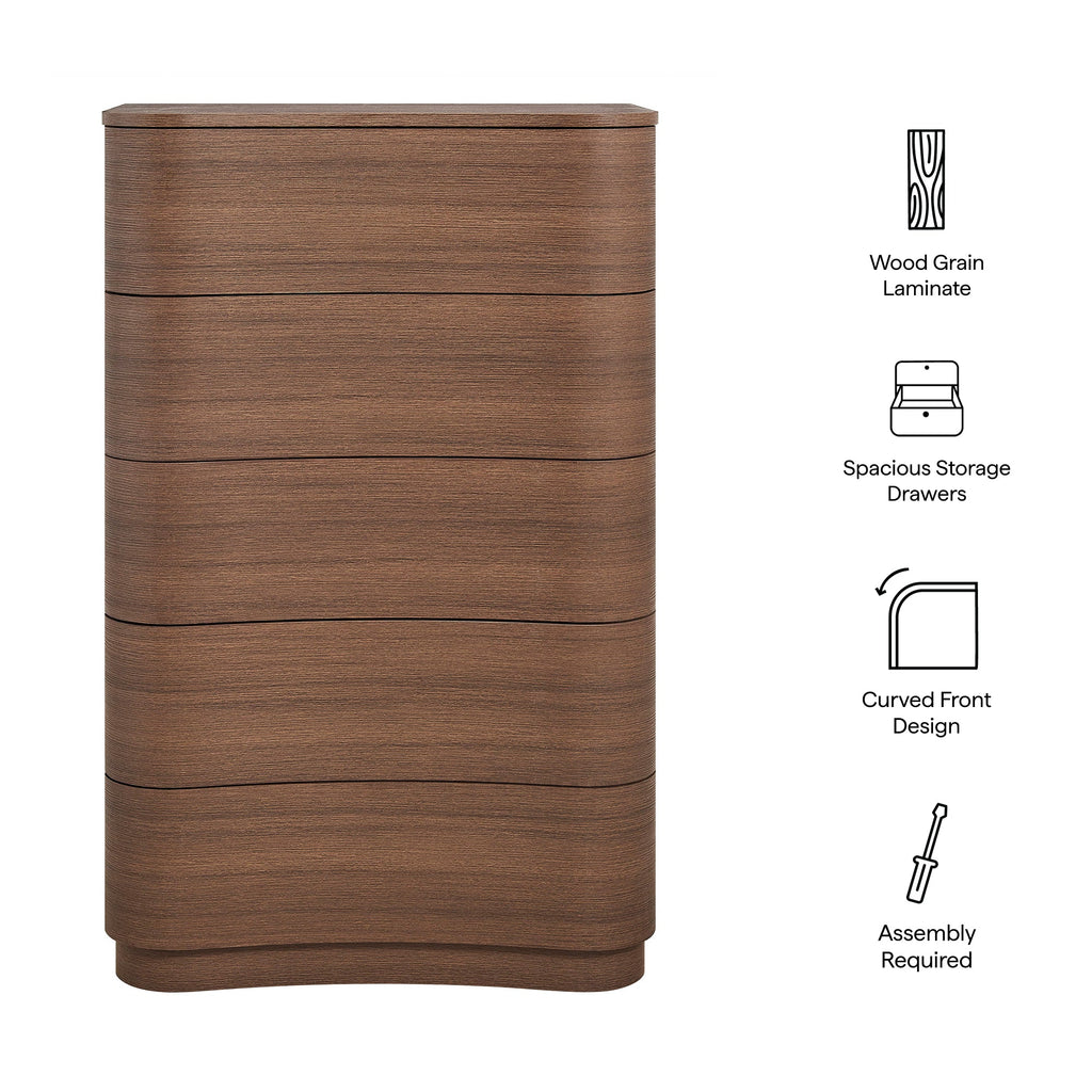 Mirae Curved Five-Drawer Tall Dresser in Brushed Brown Oak