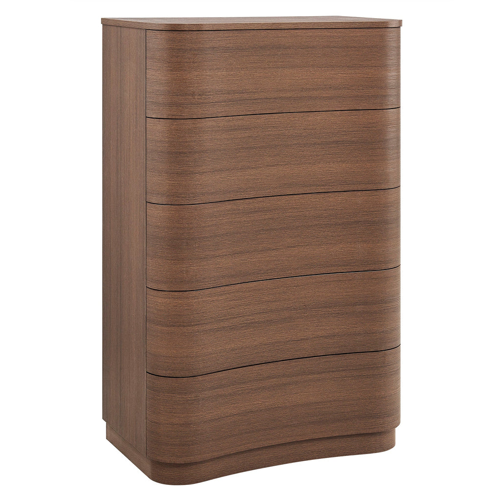 Mirae Curved Five-Drawer Tall Dresser in Brushed Brown Oak