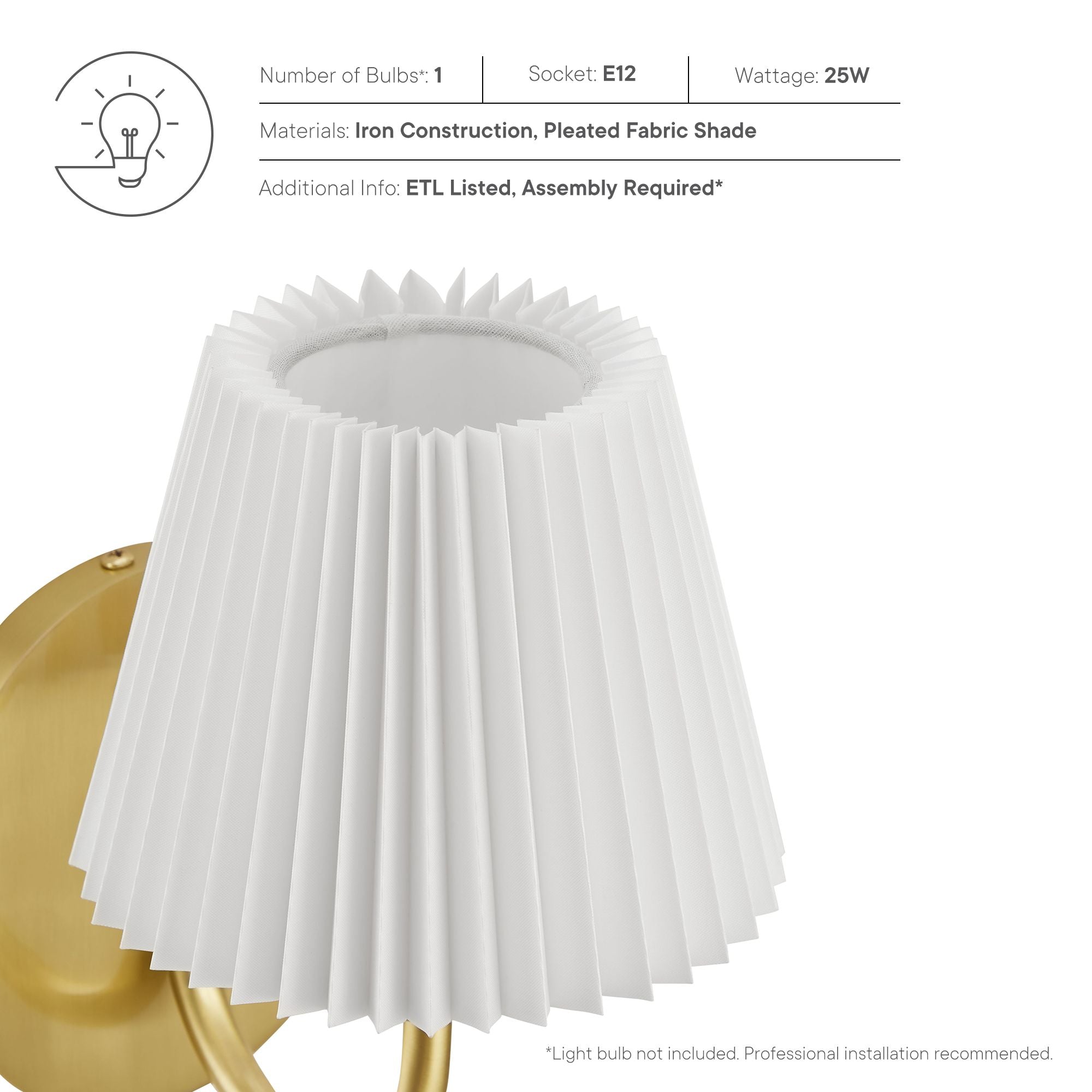 Wave Curved Wall Sconce with Pleated Fabric Shade