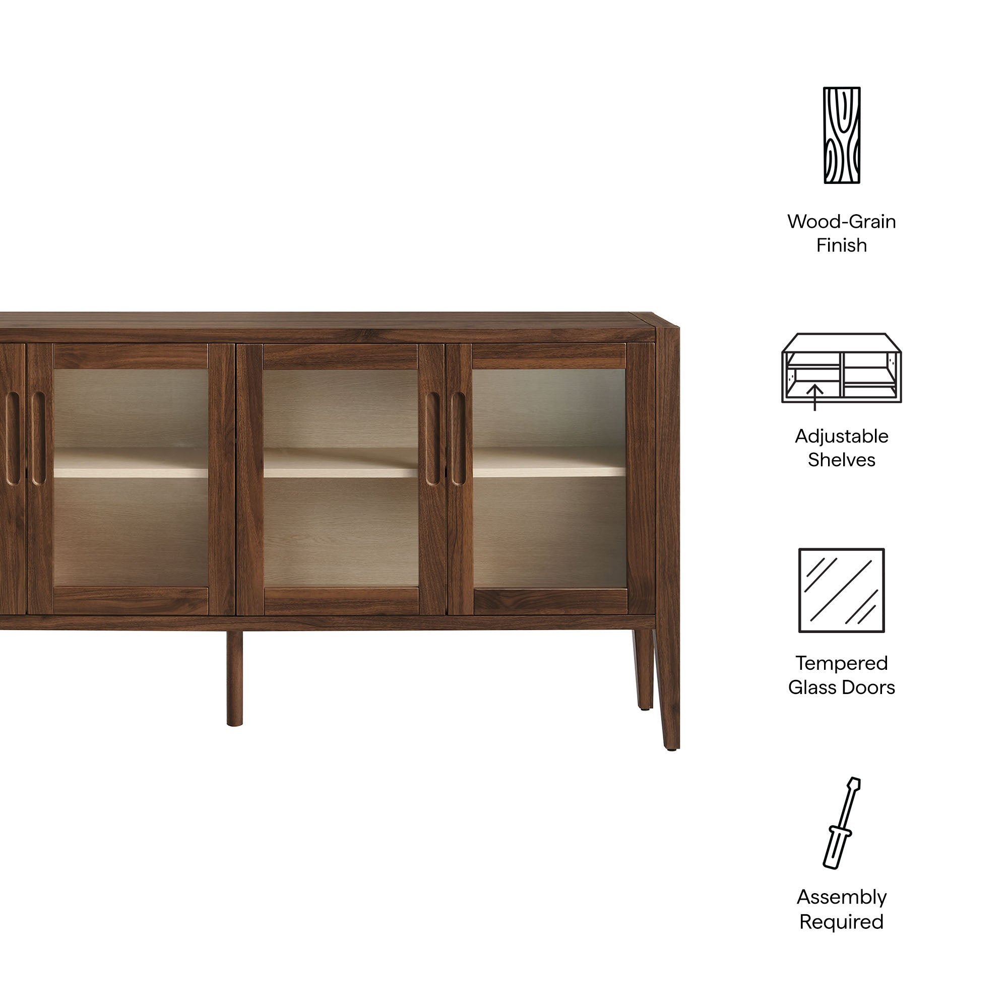 Nell 72 Inch Mid-Century Glass Door Sideboard with Adjustable Shelves