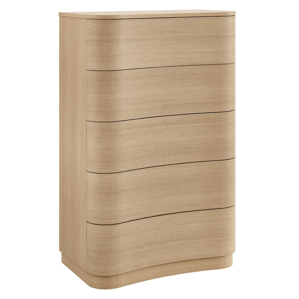 Mirae Curved Five-Drawer Tall Dresser in Brushed Brown Oak