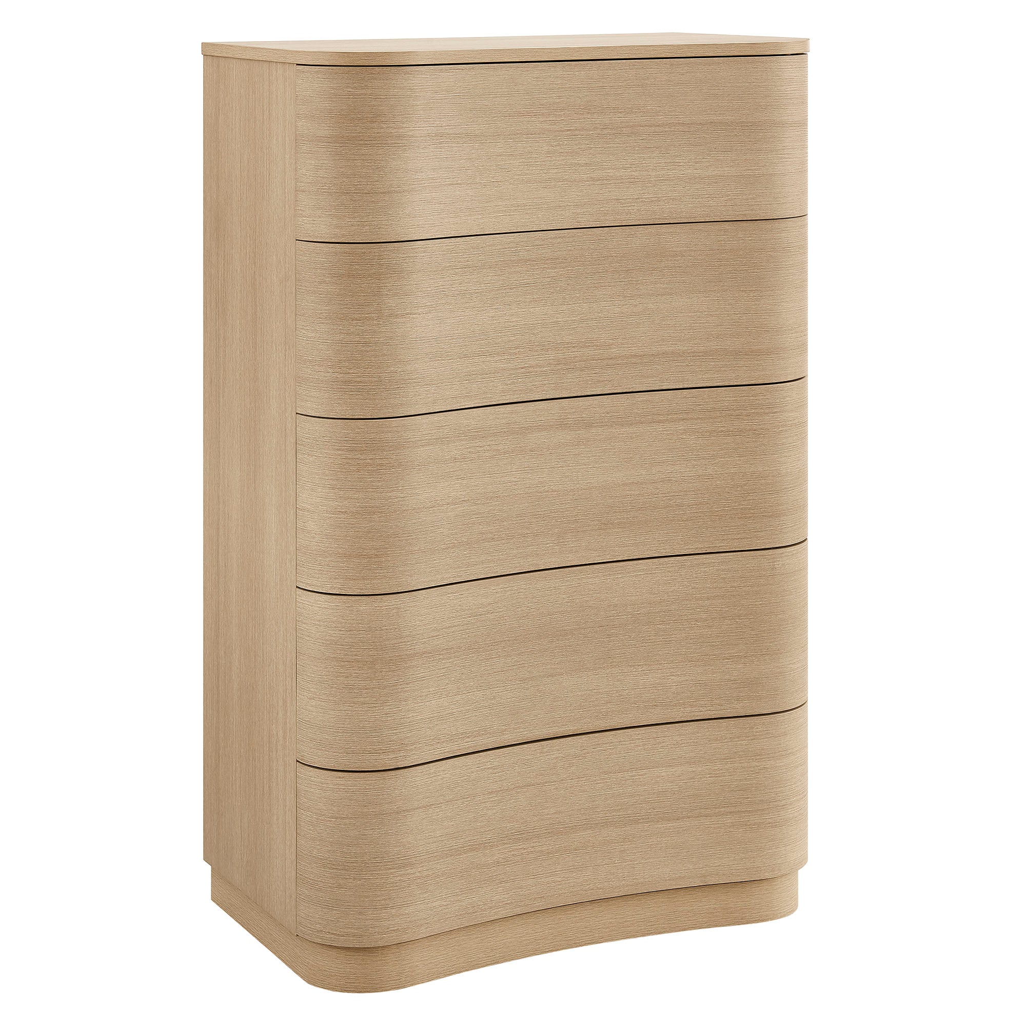 Mirae Curved Five-Drawer Tall Dresser in Brushed Brown Oak