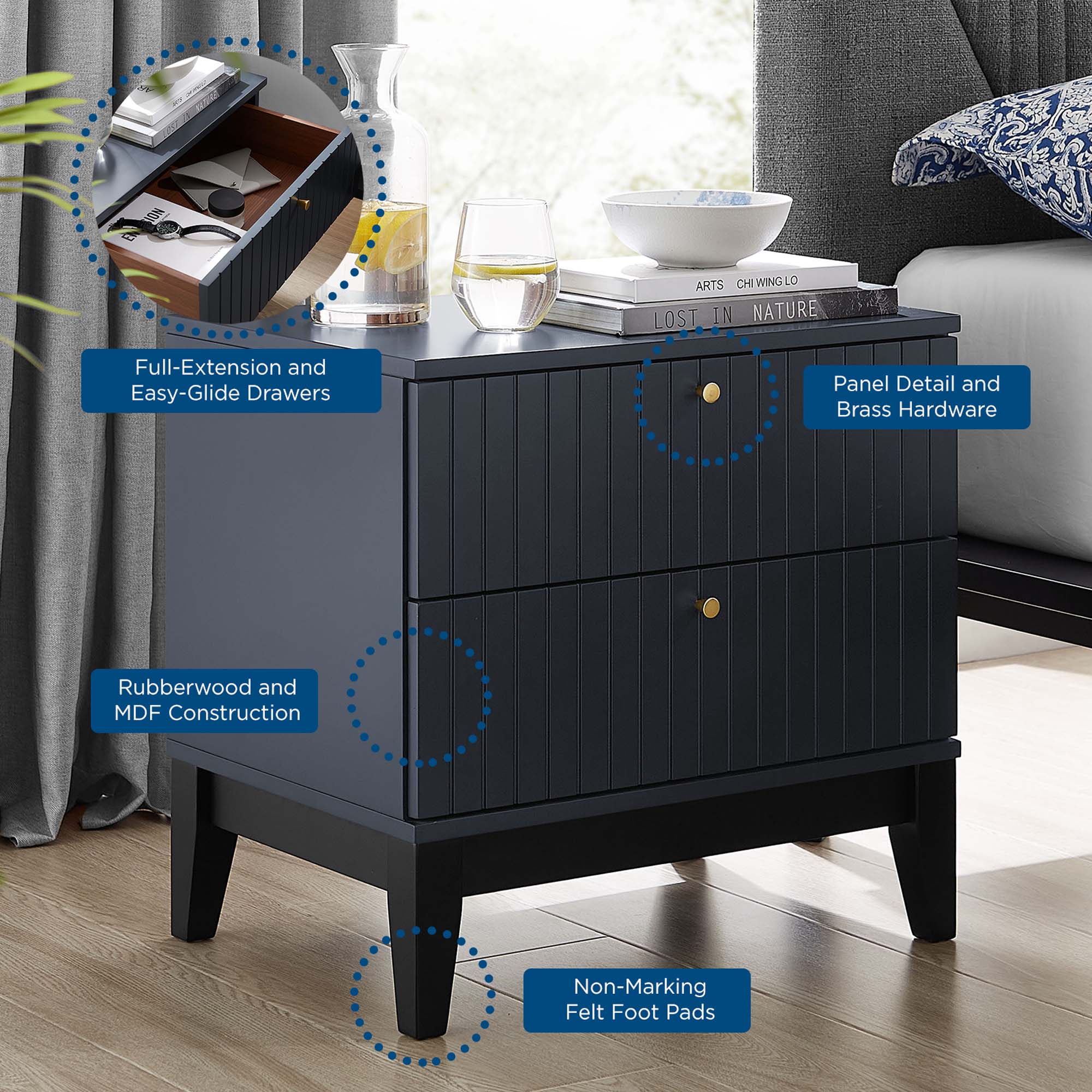Dakota Two-Drawer Nightstand with Brass Hardware in Blue