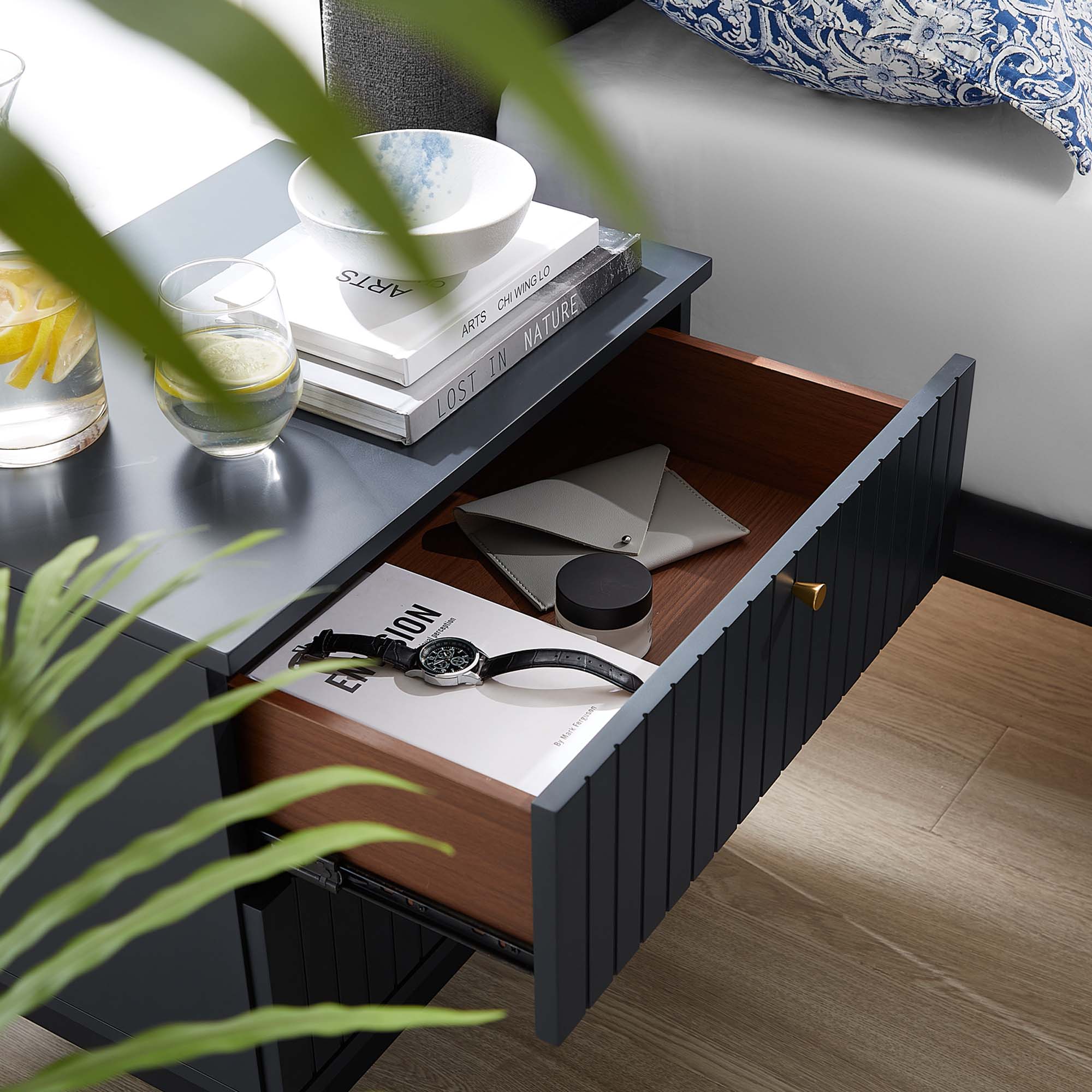 Dakota Two-Drawer Nightstand with Brass Hardware in Blue