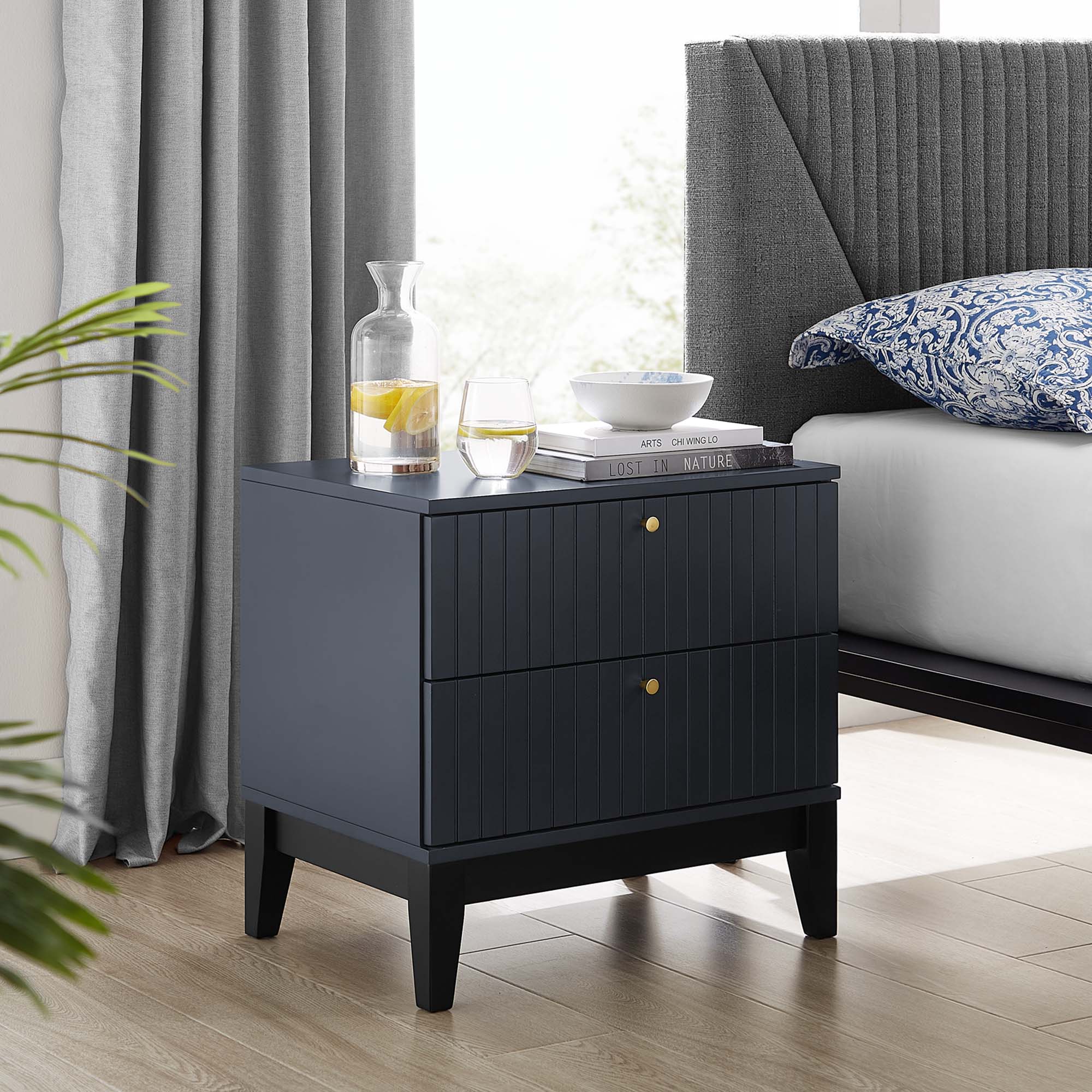 Dakota Two-Drawer Nightstand with Brass Hardware in Blue