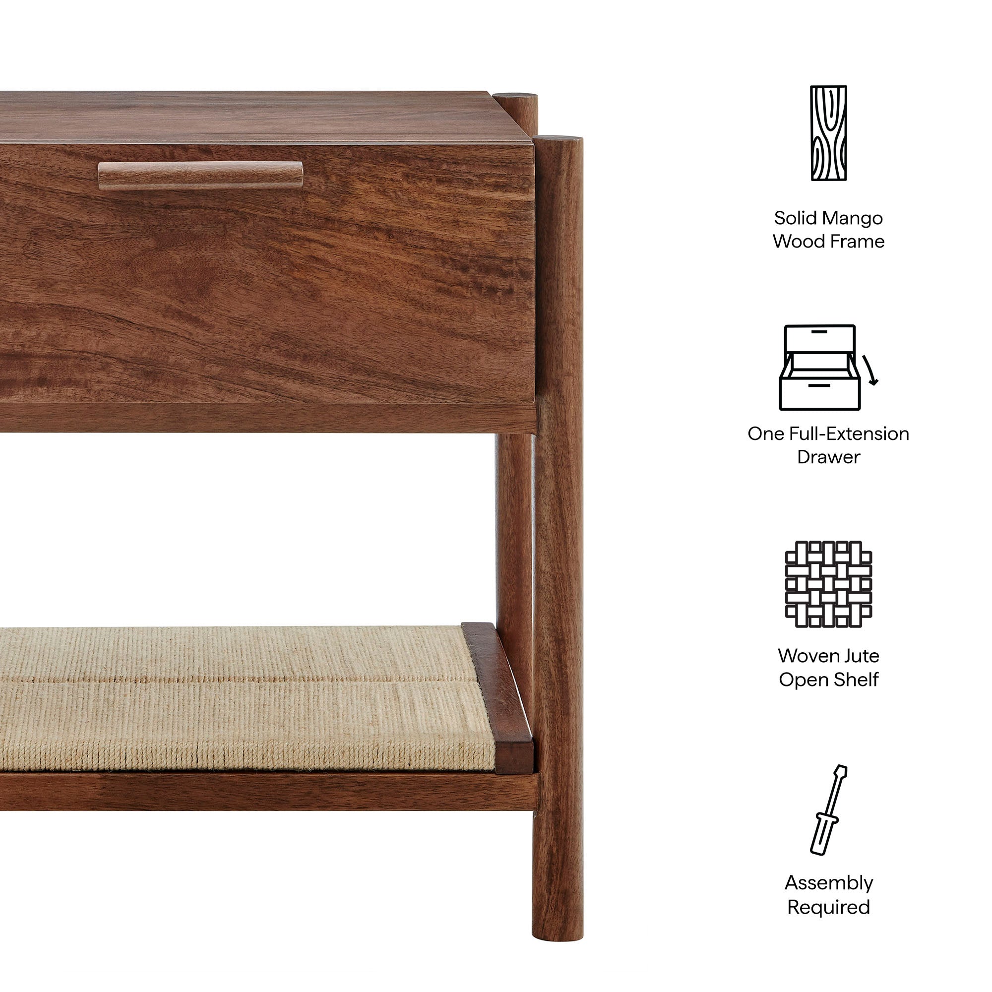 Oswin Mango Wood Nightstand with Woven Jute Shelf
