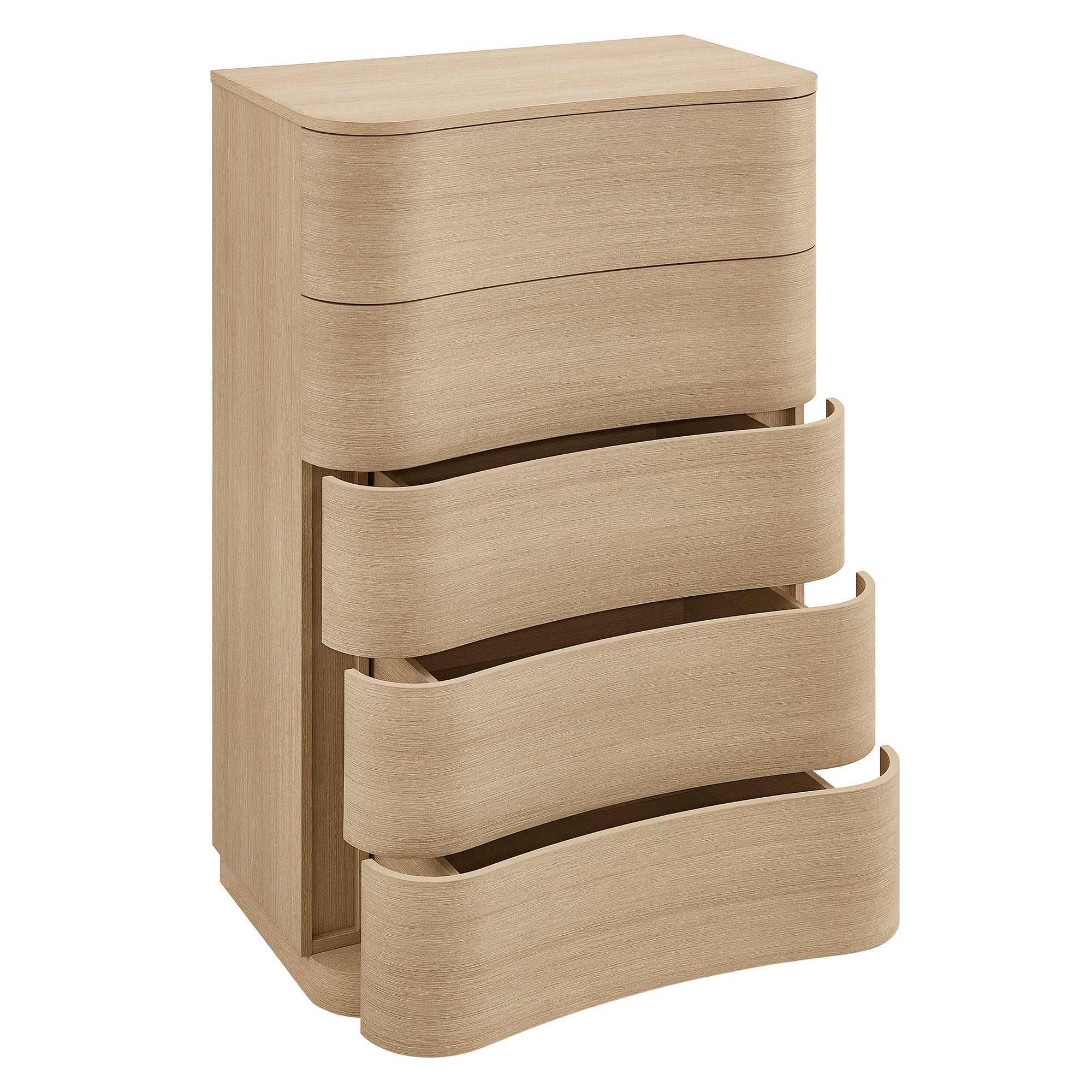 Mirae Curved Five-Drawer Tall Dresser in Brushed Brown Oak