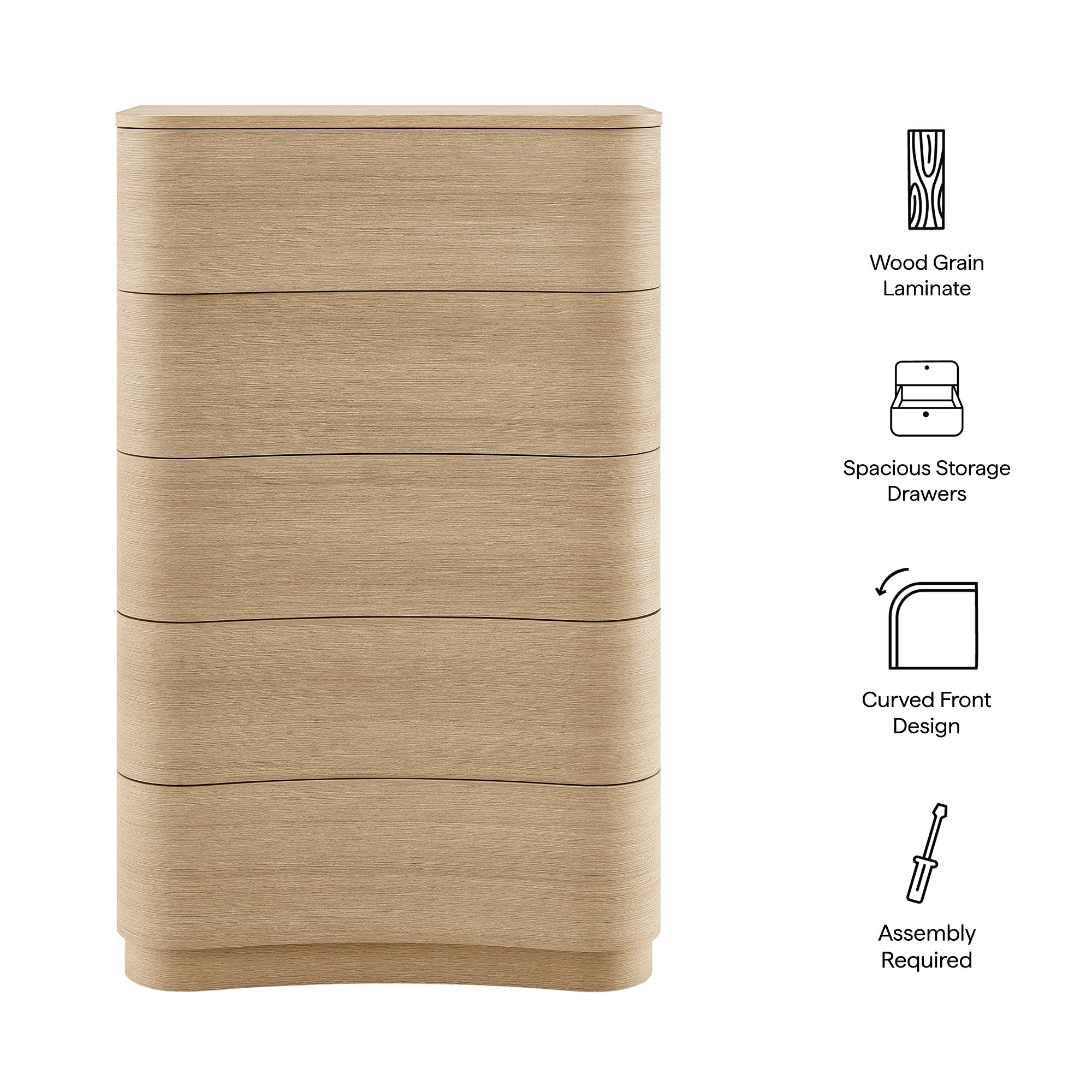 Mirae Curved Five-Drawer Tall Dresser in Brushed Brown Oak