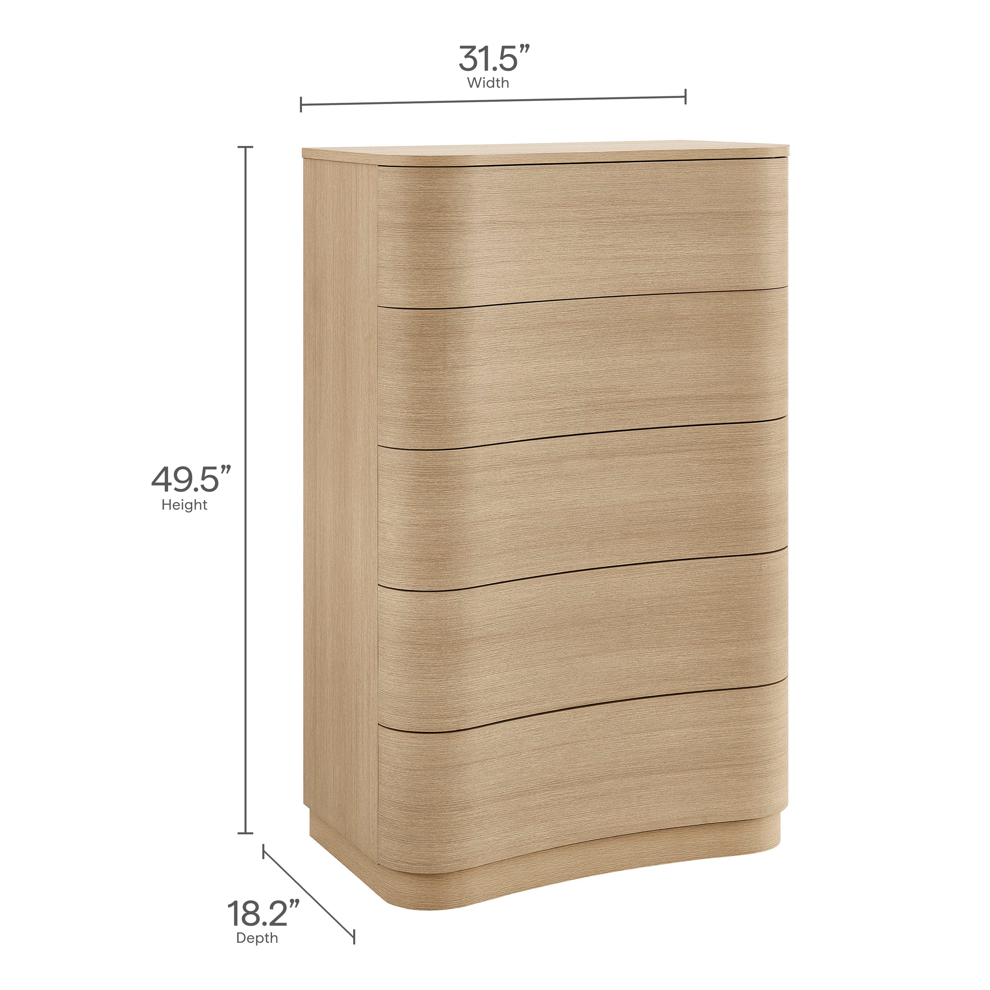 Mirae Curved Five-Drawer Tall Dresser in Brushed Brown Oak