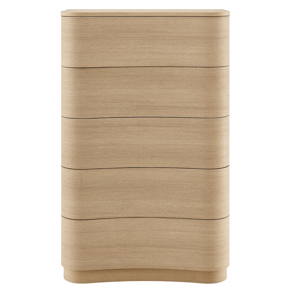Mirae Curved Five-Drawer Tall Dresser in Brushed Brown Oak