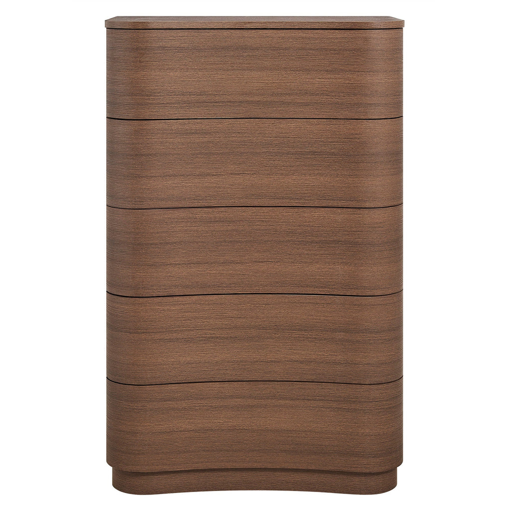 Mirae Curved Five-Drawer Tall Dresser in Brushed Brown Oak
