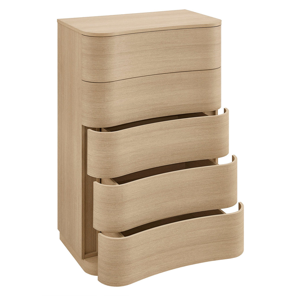 Mirae Curved Five-Drawer Tall Dresser in Brushed Brown Oak