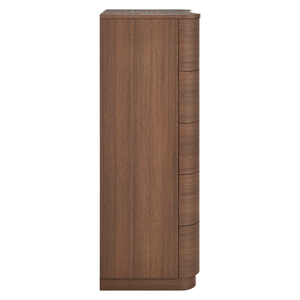 Mirae Curved Five-Drawer Tall Dresser in Brushed Brown Oak
