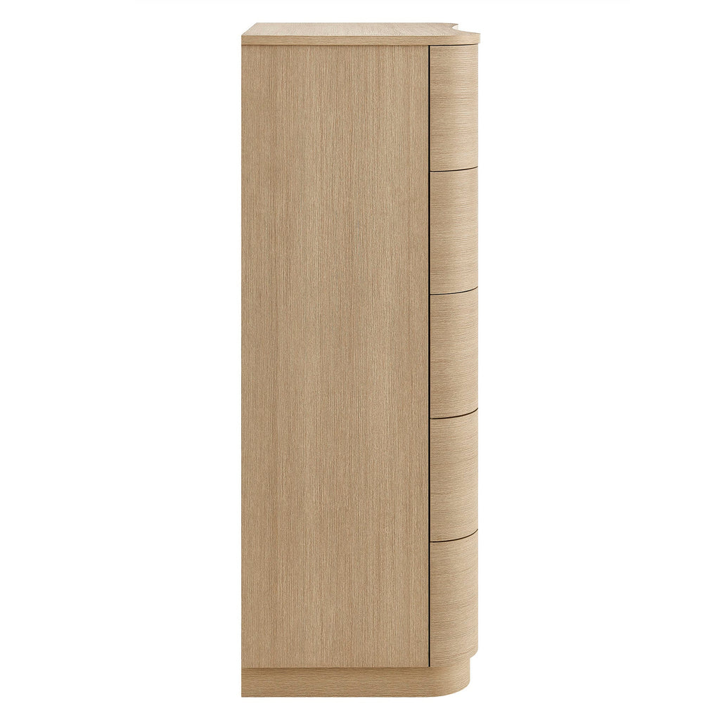 Mirae Curved Five-Drawer Tall Dresser in Brushed Brown Oak