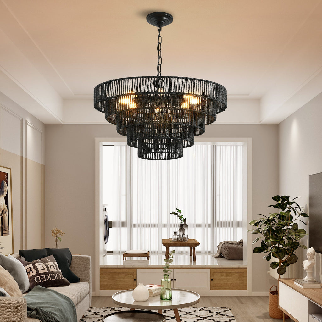 Rustic Five-Tier Hemp Rope Pendant Light Chandelier, 24 Inch