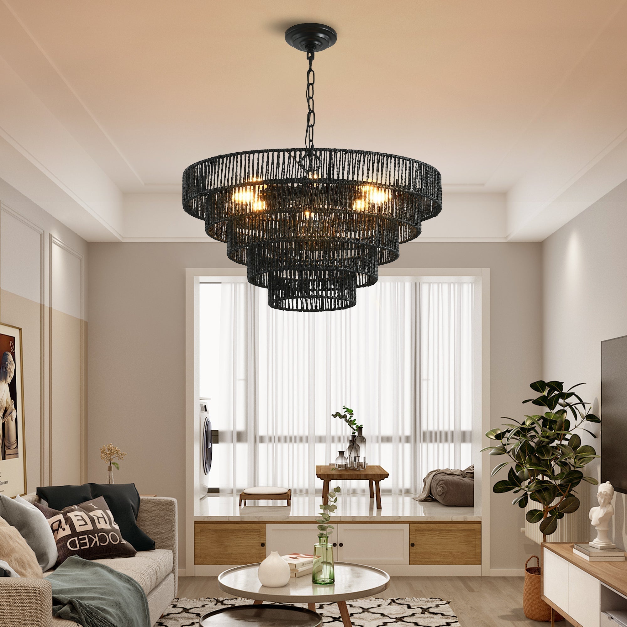Rustic Five-Tier Hemp Rope Pendant Light Chandelier, 24 Inch